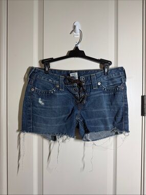 True Religion Women's Lace-Up Distressed Denim Shorts - Blue